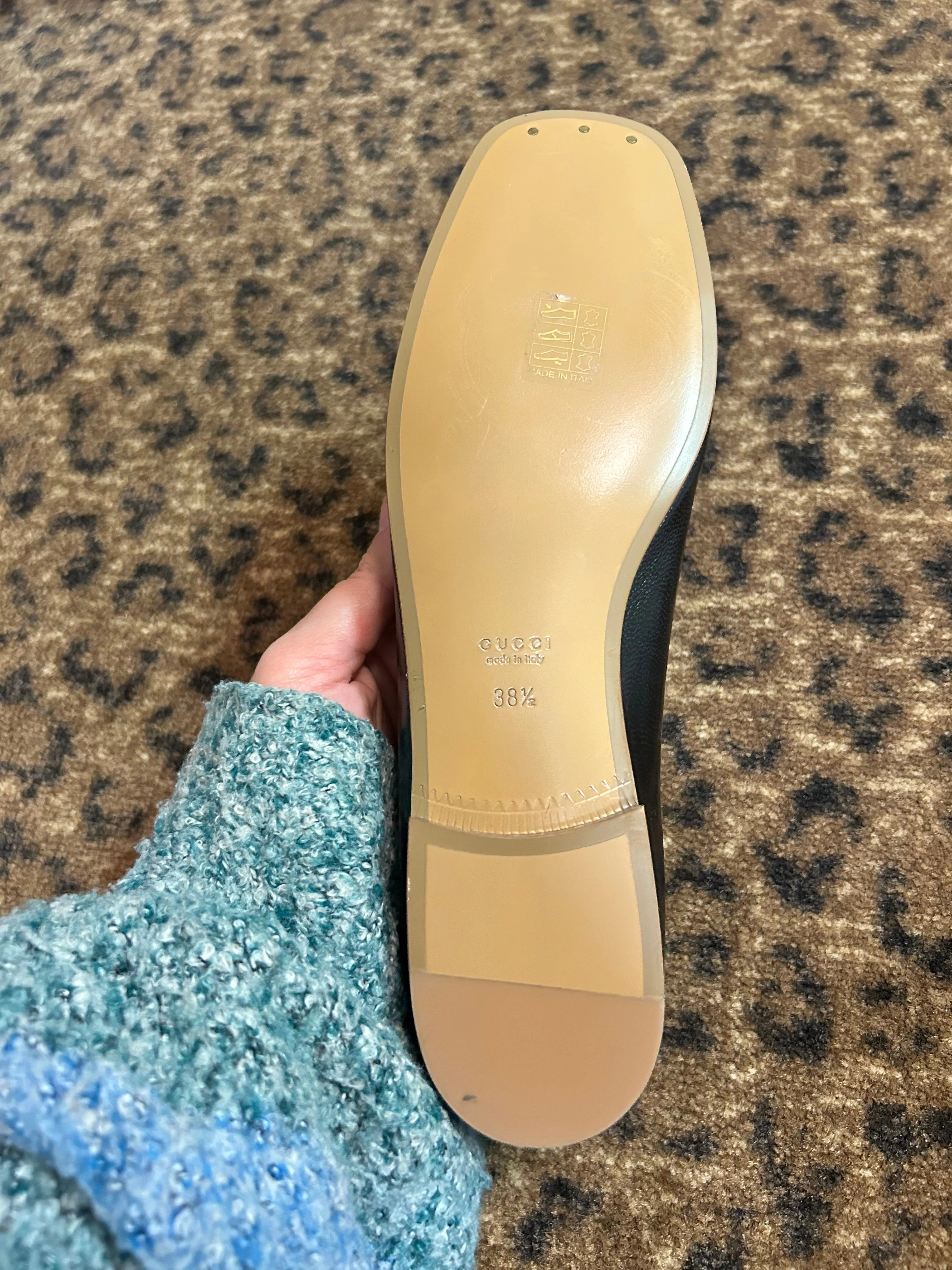 Gucci Shoes, Black Goatskin Perforated GG Flats (size 38.5)