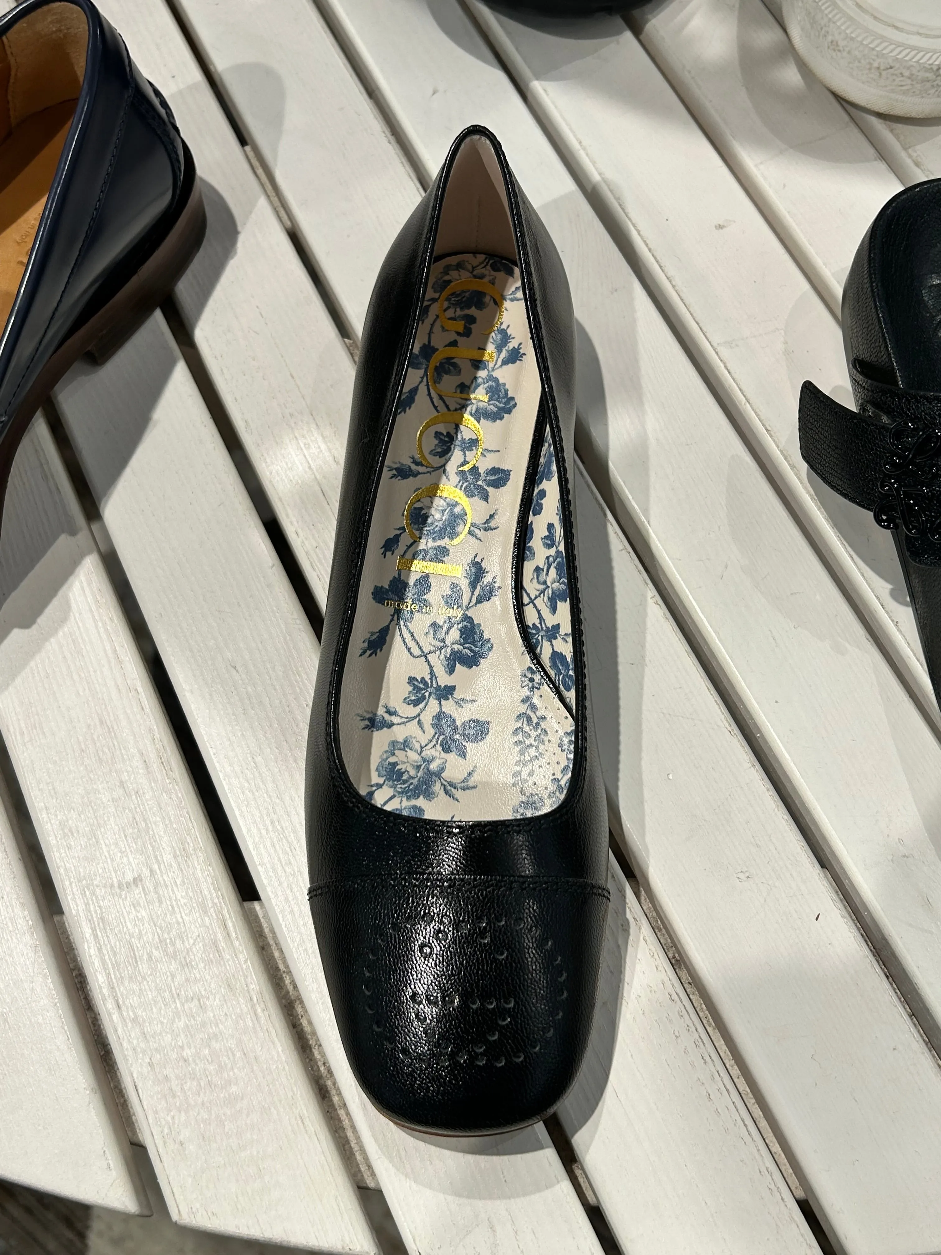 Gucci Shoes, Black Goatskin Perforated GG Flats (size 38.5)
