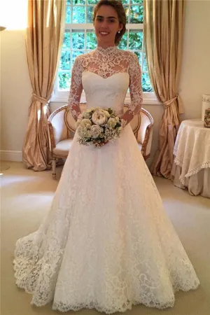 High Neckline Lace A line Long Sleeve Wedding Dresses,Open Back Wedding Gowns,Bridal Dresses,SVD515
