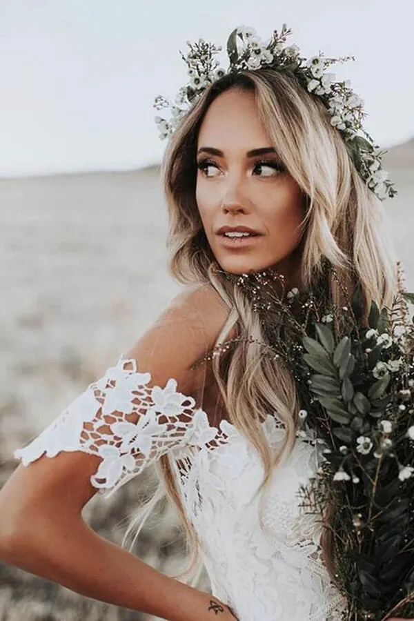 Ivory Lace Rustic Mermaid Illusion Neckline Beach Wedding Dresses, Bridal Dress, SW187