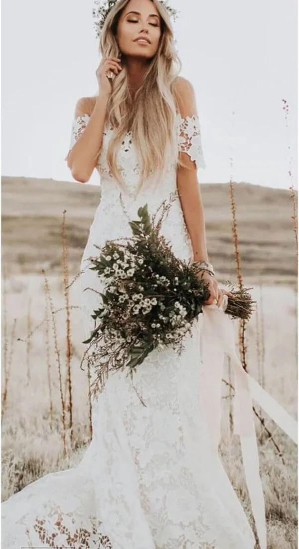 Ivory Lace Rustic Mermaid Illusion Neckline Beach Wedding Dresses, Bridal Dress, SW187
