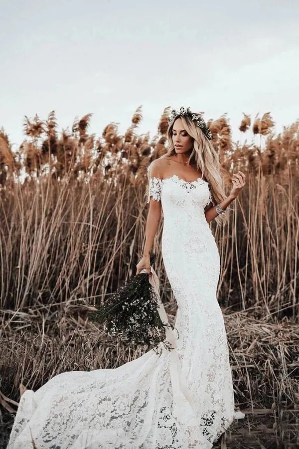 Ivory Lace Rustic Mermaid Illusion Neckline Beach Wedding Dresses, Bridal Dress, SW187
