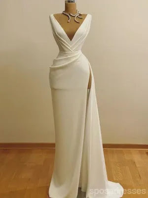 Ivory Sheath Deep V-neck High Slit Cheap Long Prom Dresses,13011