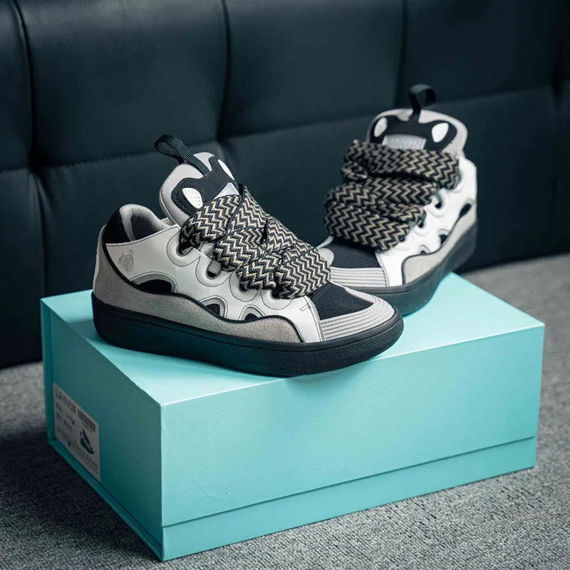 Lanvin Leather Curb Sneaker White & Grey