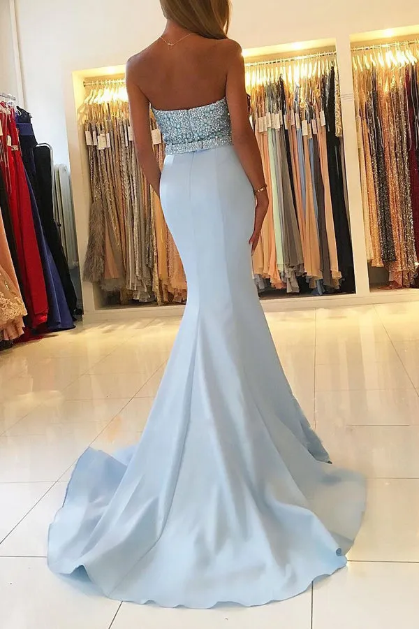 Light Blue Sweetheart Neck Beaded Bodice Mermaid Prom Dresses, M190