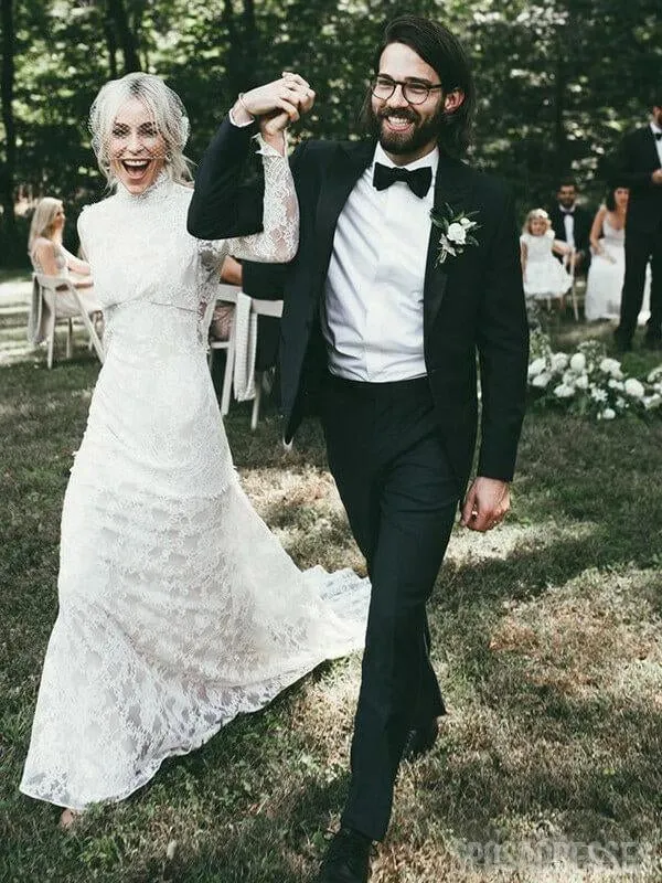 Long Sleeves High Neck Backless Lace Boho Wedding Dresses, Mermaid Wedding Gown, WD704