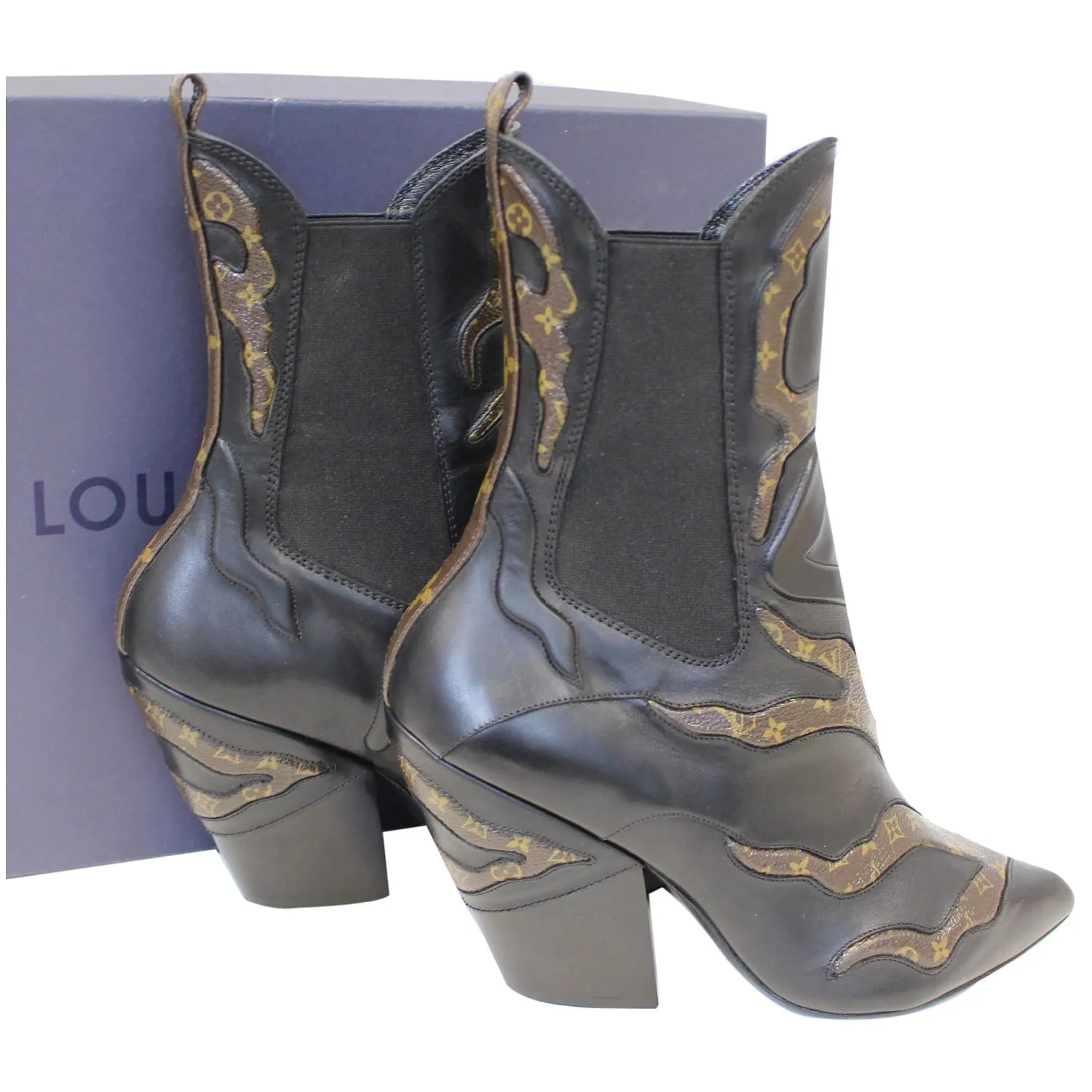 LOUIS VUITTON Fireball Leather Monogram Ankle Boots Size US 8