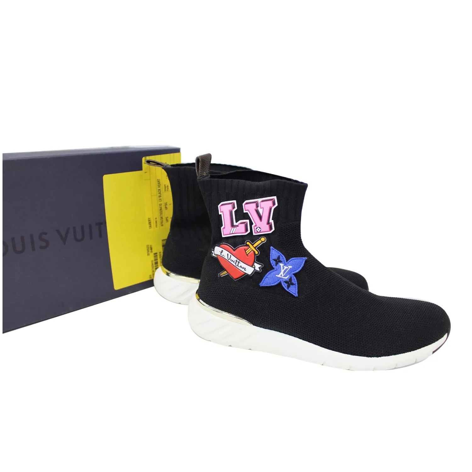 LOUIS VUITTON Knit Fabric Heart Patch High Top Sneakers Black US 10