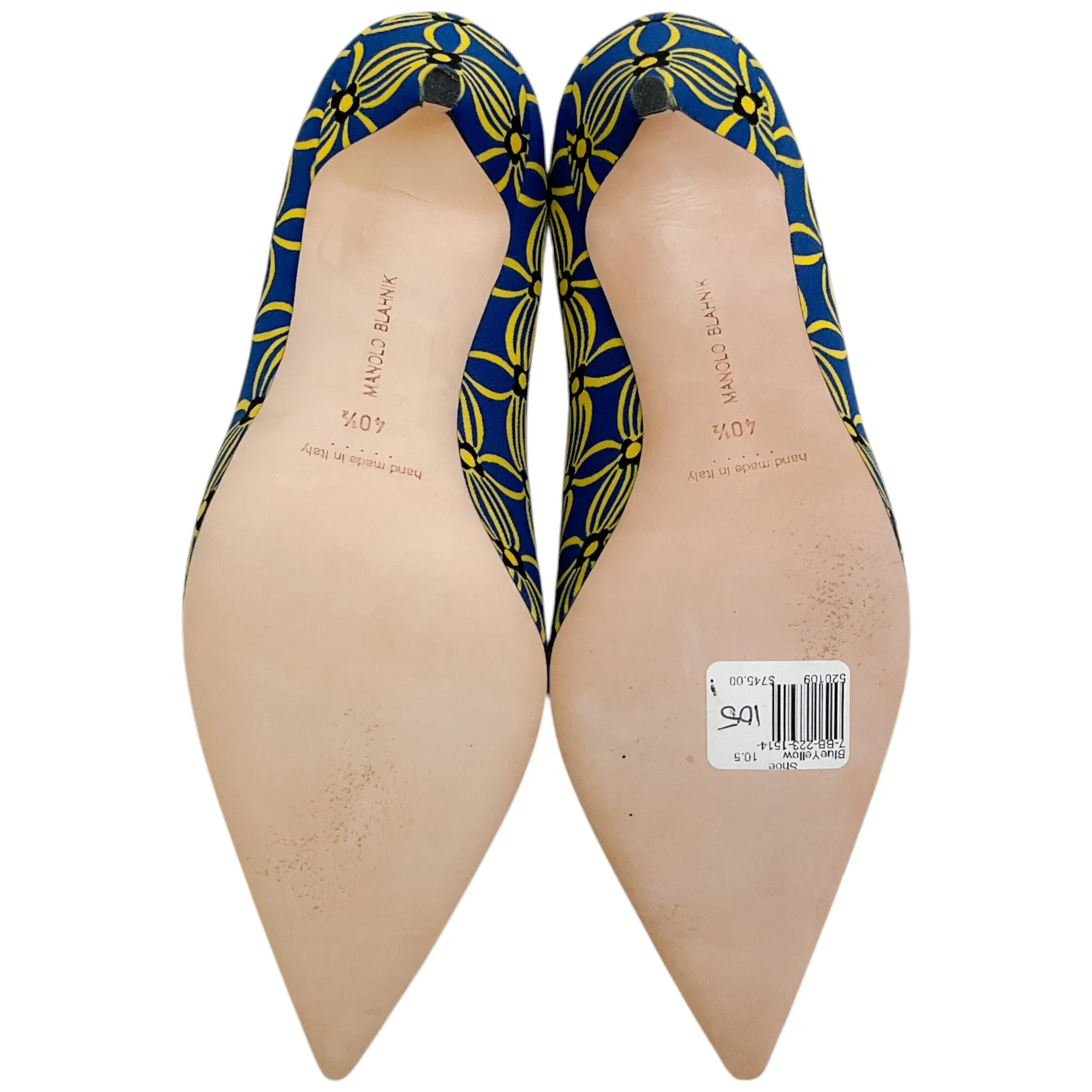Manolo Blahnik Blue / Yellow Cotton Canvas BB 90 Pumps