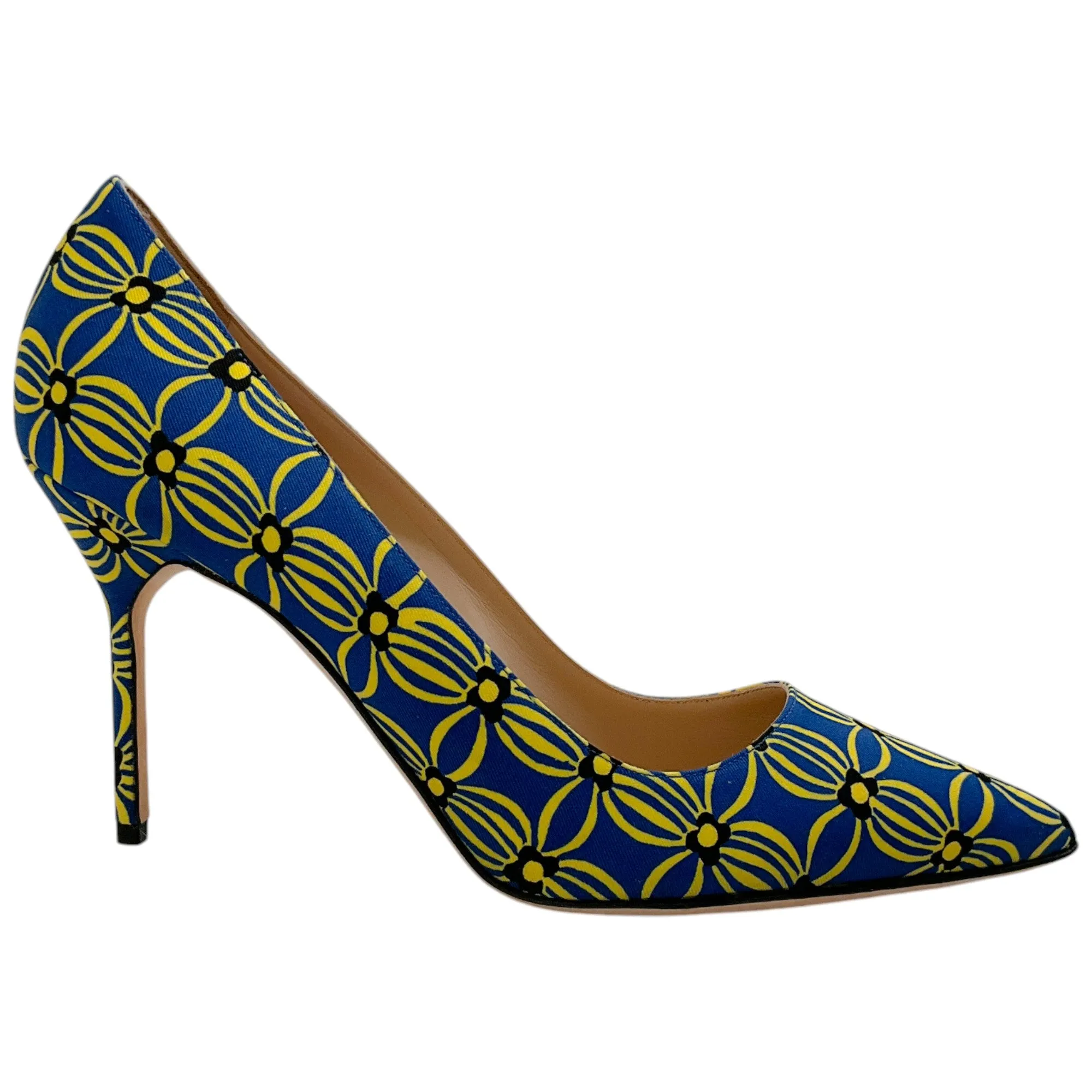 Manolo Blahnik Blue / Yellow Cotton Canvas BB 90 Pumps