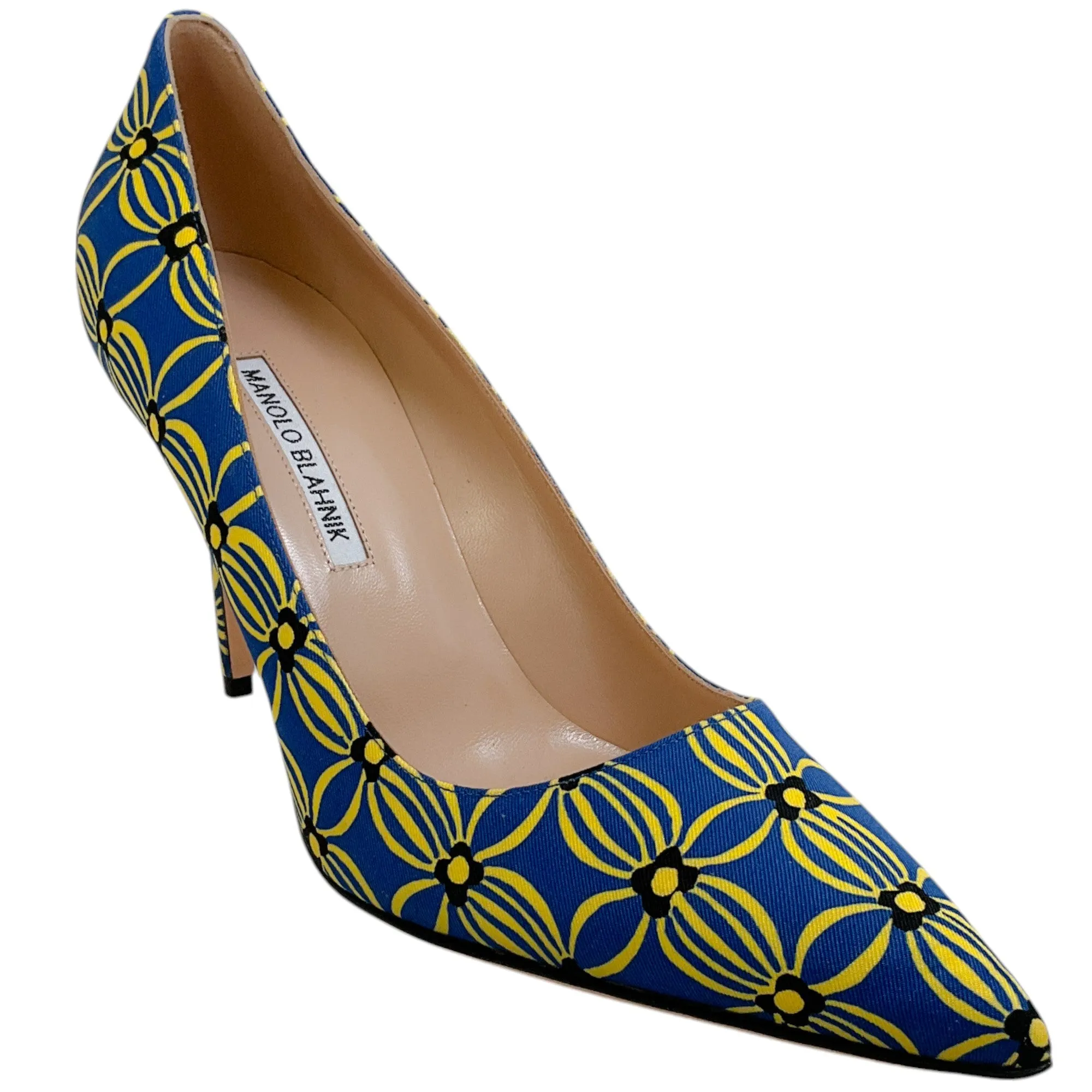 Manolo Blahnik Blue / Yellow Cotton Canvas BB 90 Pumps