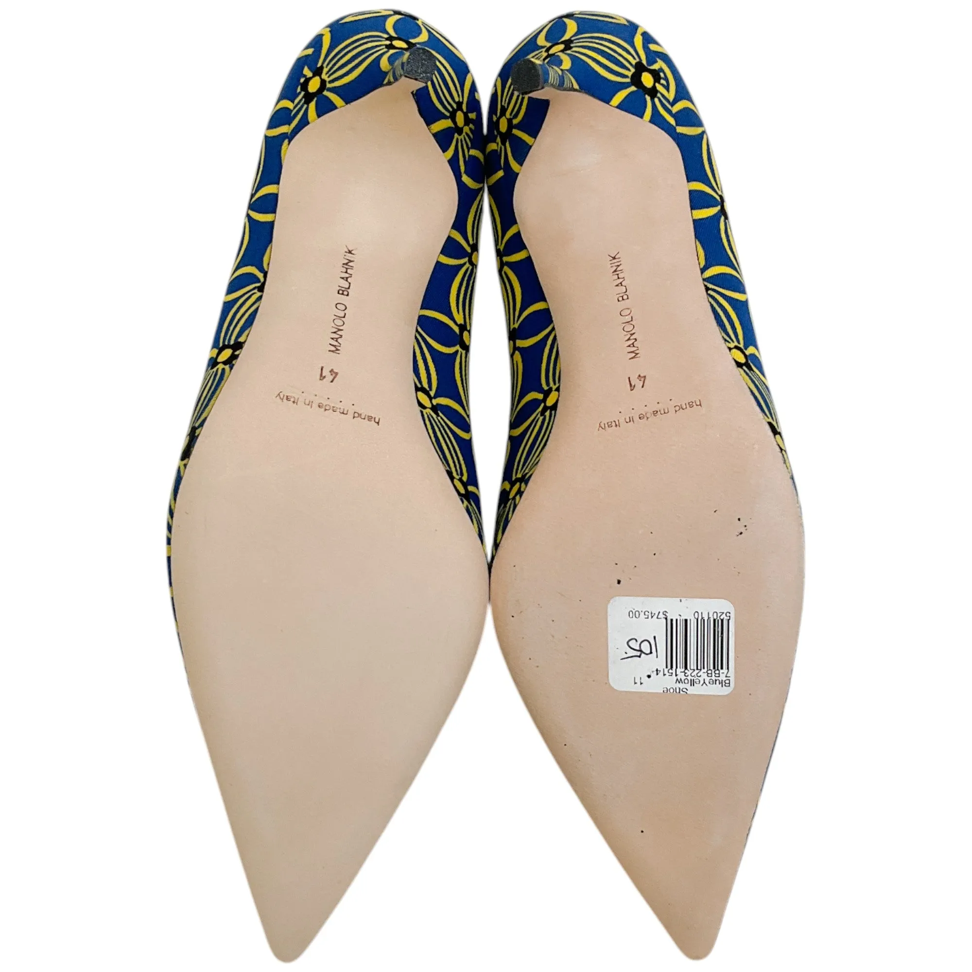 Manolo Blahnik Blue / Yellow Cotton Canvas BB 90 Pumps