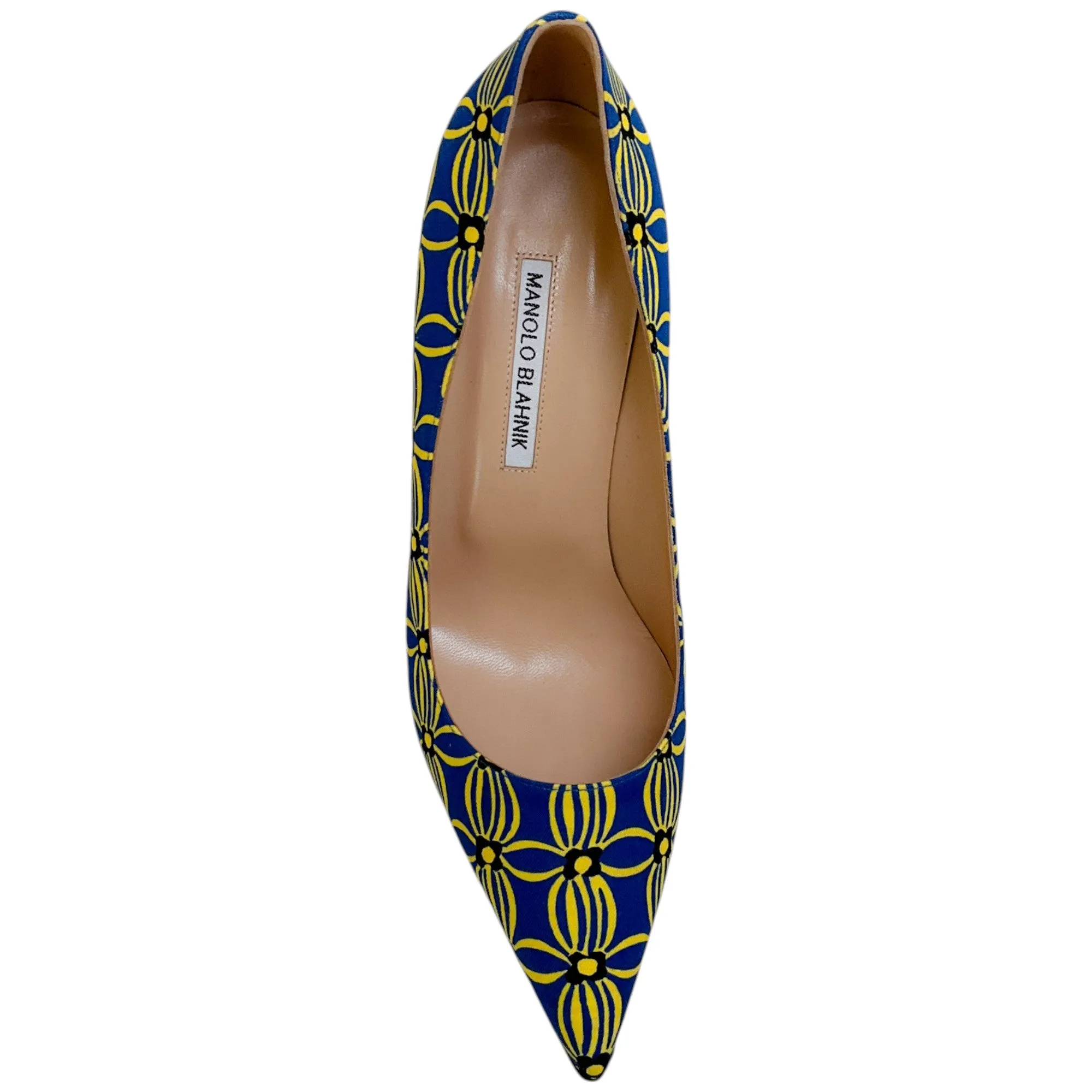 Manolo Blahnik Blue / Yellow Cotton Canvas BB 90 Pumps