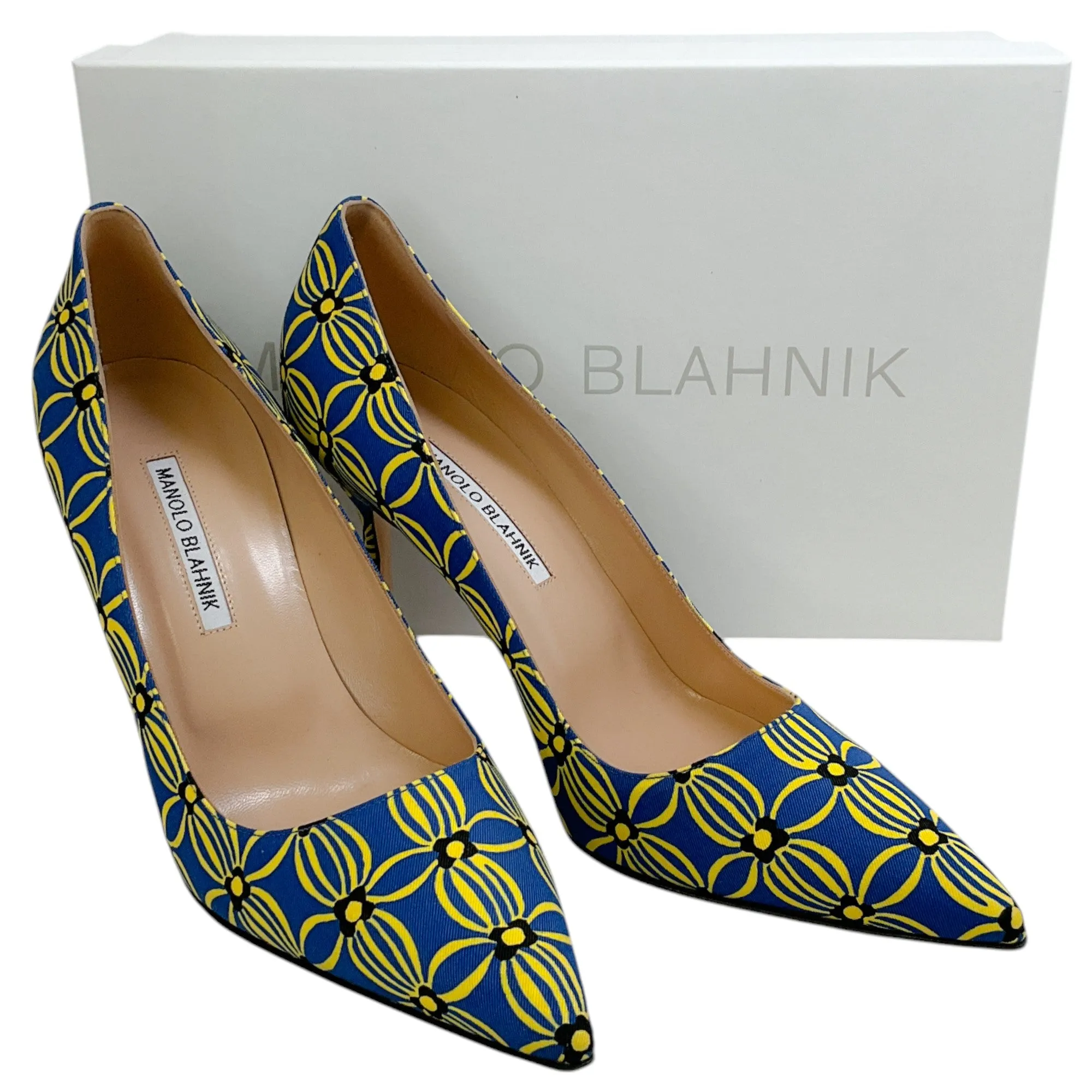 Manolo Blahnik Blue / Yellow Cotton Canvas BB 90 Pumps