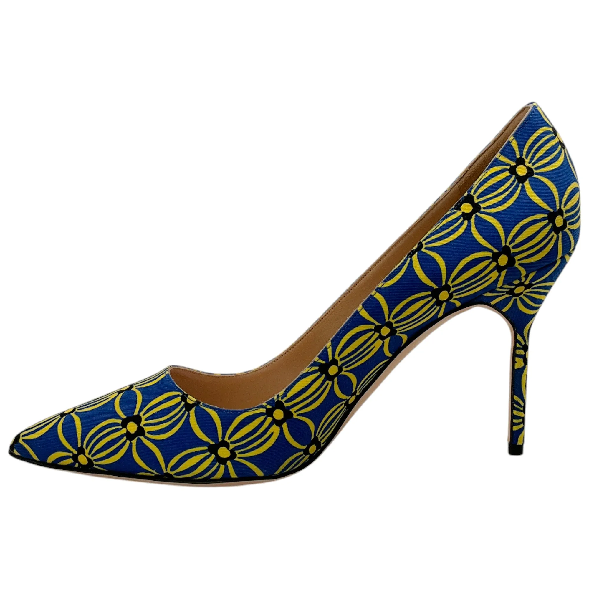 Manolo Blahnik Blue / Yellow Cotton Canvas BB 90 Pumps