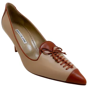 Manolo Blahnik Brown / Dark Cream Leather Fundehi Pumps