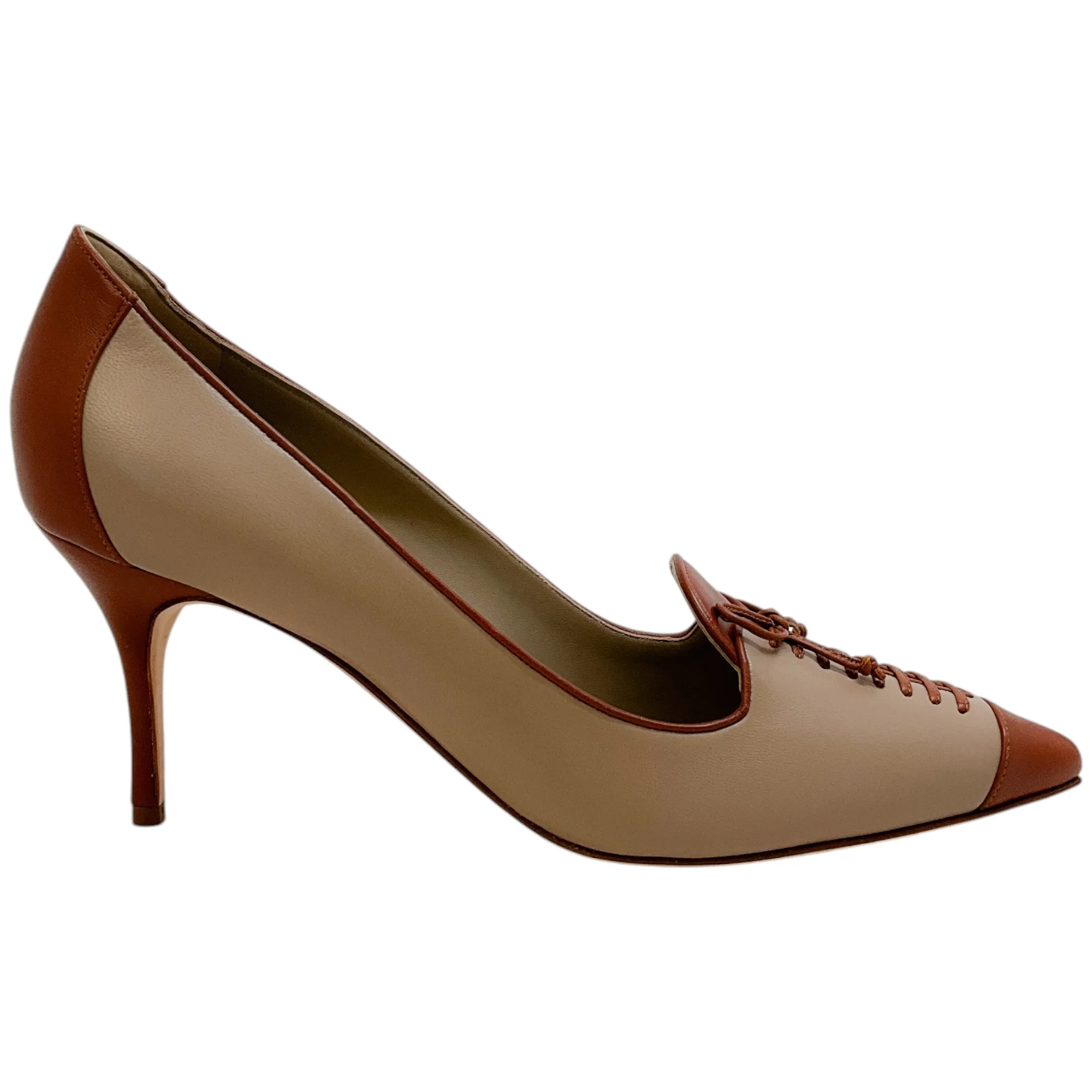 Manolo Blahnik Brown / Dark Cream Leather Fundehi Pumps