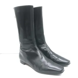 Manolo Blahnik Mid-Calf Flat Boots Black Leather Size 38