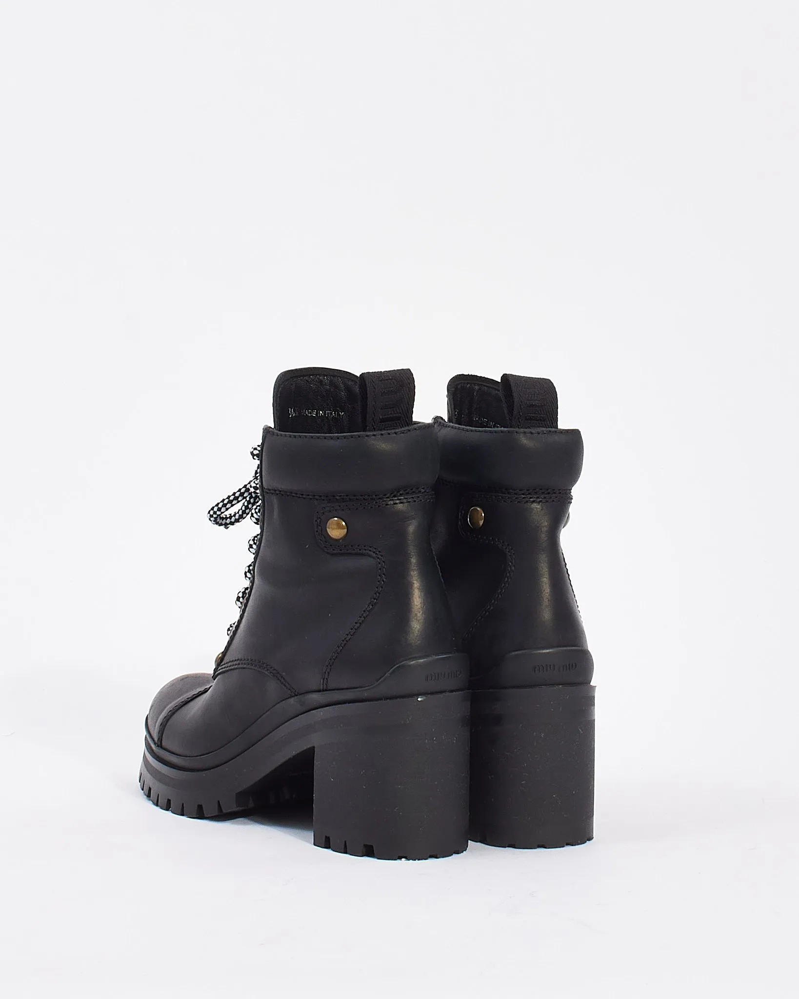Miu Miu Black Leather Lace Up Heeled Booties - 36.5