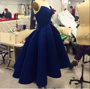 Navy Blue High Low Strapless V-neck Pleats Homecoming Dresses