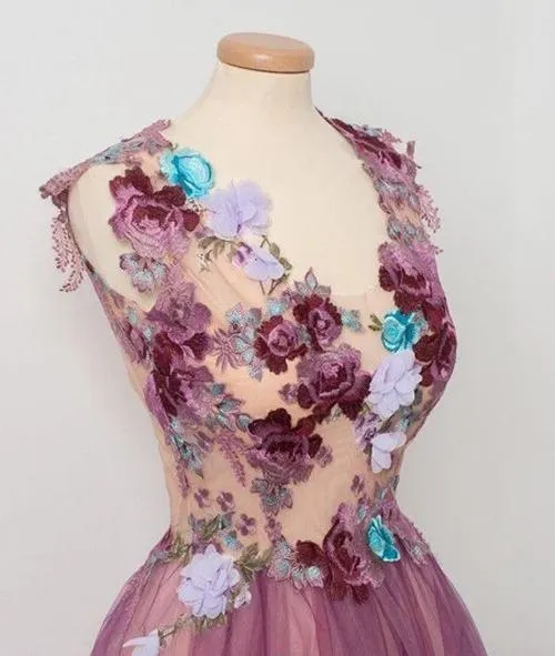 New Arrival Burgundy A Line Scoop Neck Tulle Floral Prom Dress With Appliques, SP522