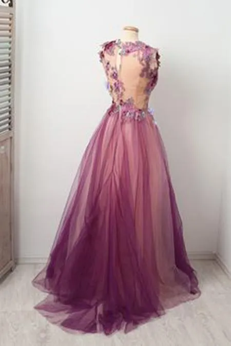 New Arrival Burgundy A Line Scoop Neck Tulle Floral Prom Dress With Appliques, SP522