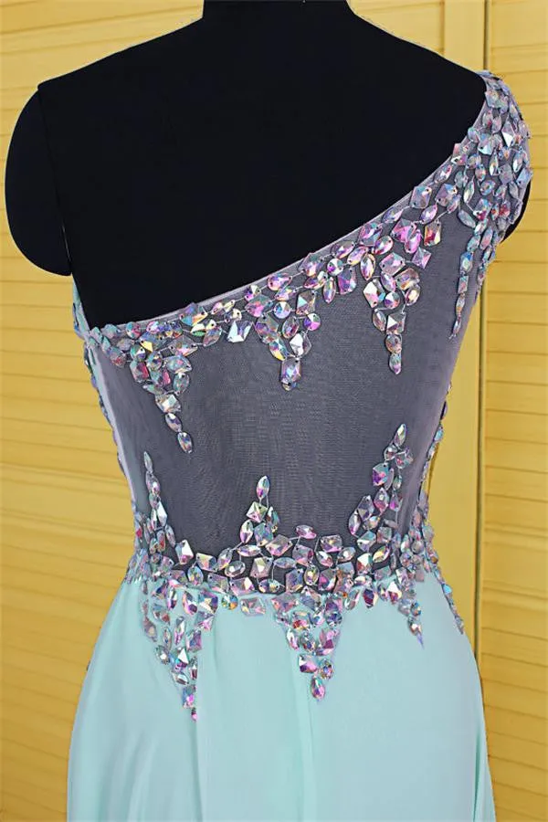 One Shoulder Light Sky Blue Long Beaded Chiffon Prom Dress OK10