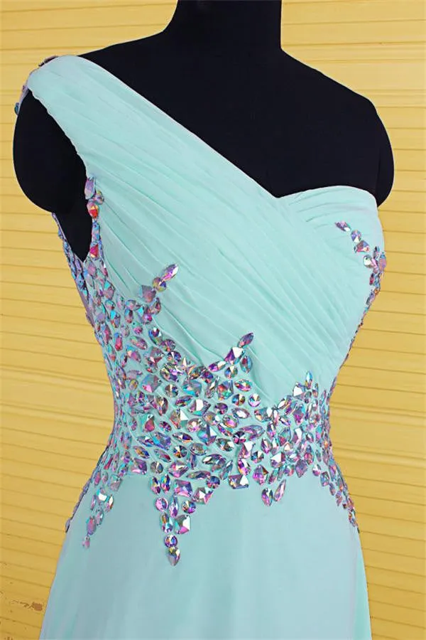 One Shoulder Light Sky Blue Long Beaded Chiffon Prom Dress OK10