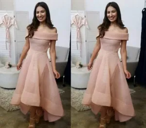 Pink Organza Off Shoulder High Low Cocktail Short sleeve Homecoming Dress