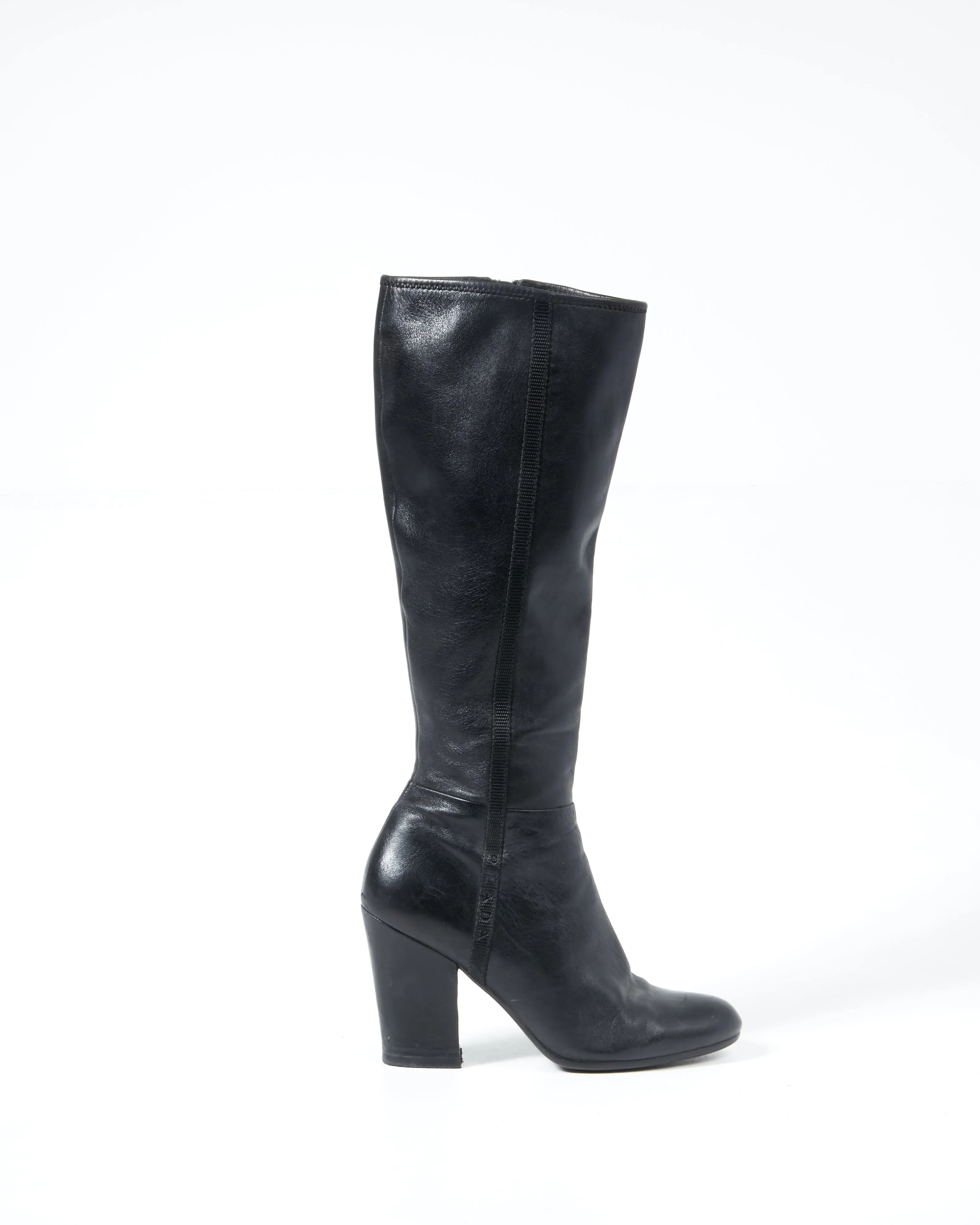 Prada Black Leather Below the Knee Heel Boots - 38.5