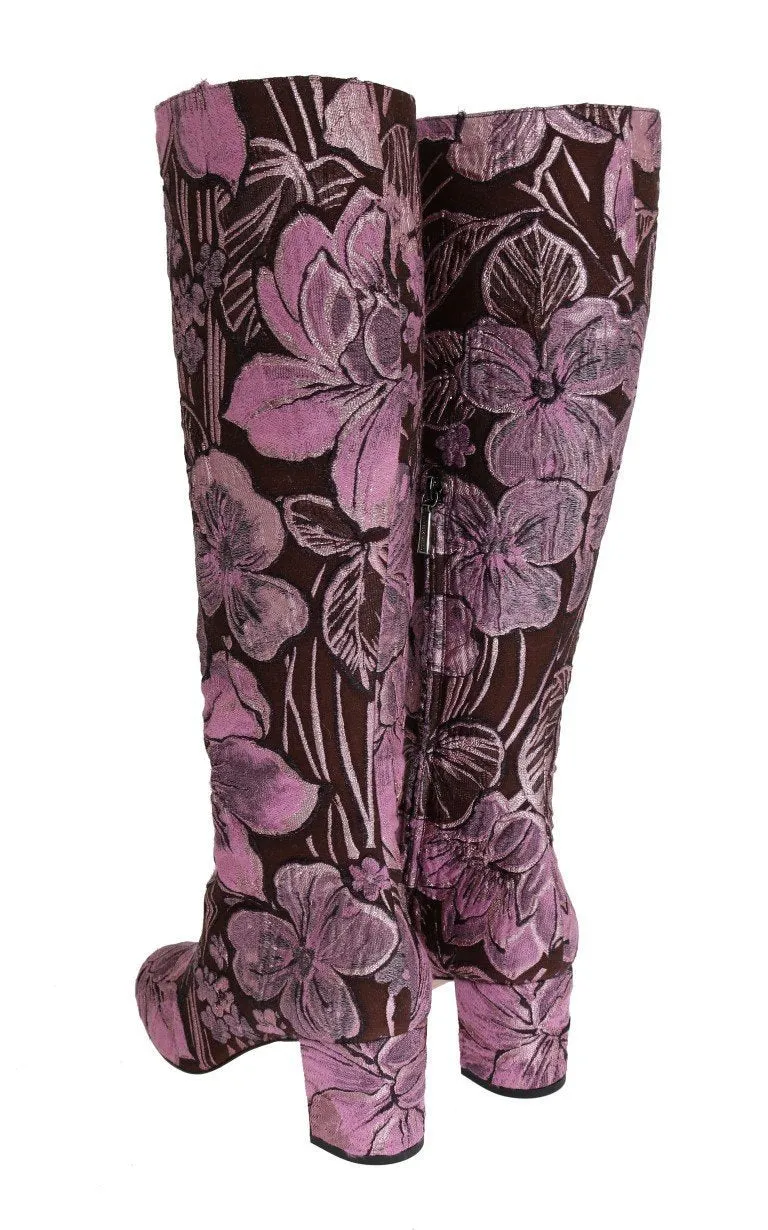 Purple Pink Jacquard Floral Boots