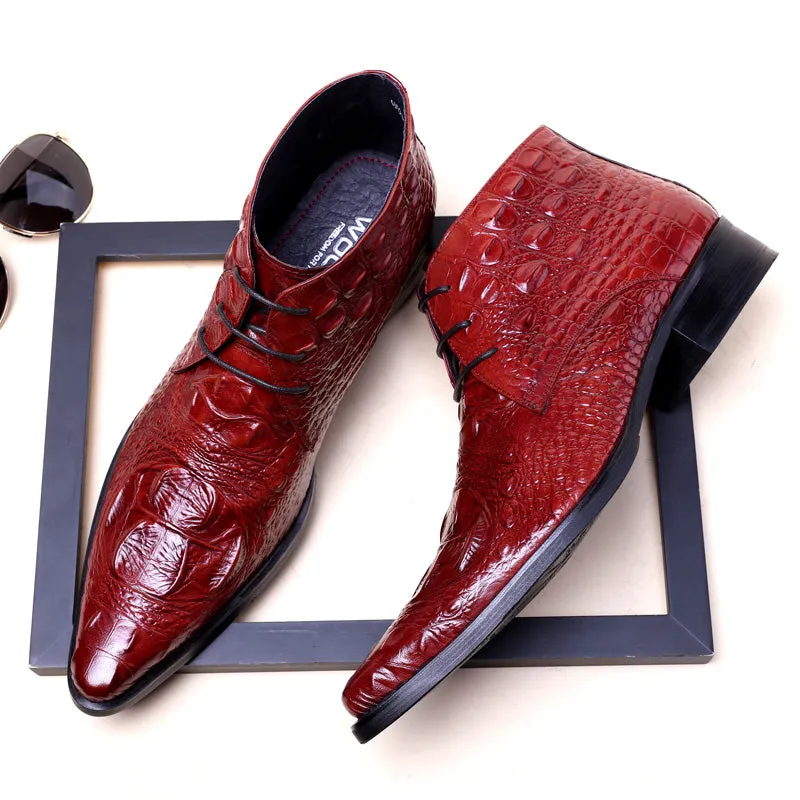 Quality Men's Lace Up Dress Boots Fashion High Top Alligator Skin Boots Leather Cow Genuine Martin Ankle Booties