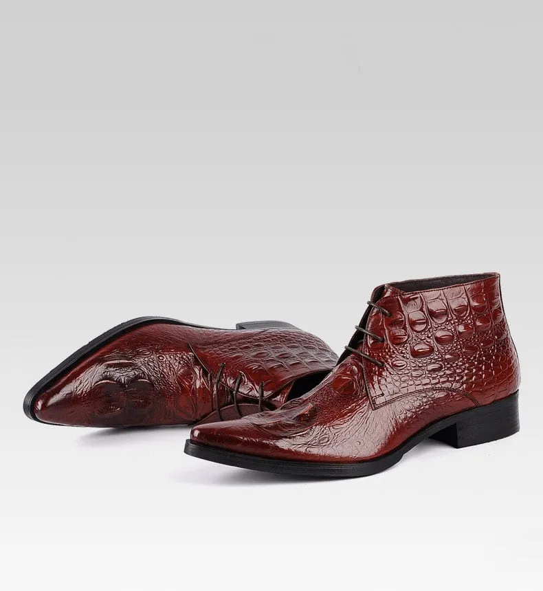 Quality Men's Lace Up Dress Boots Fashion High Top Alligator Skin Boots Leather Cow Genuine Martin Ankle Booties