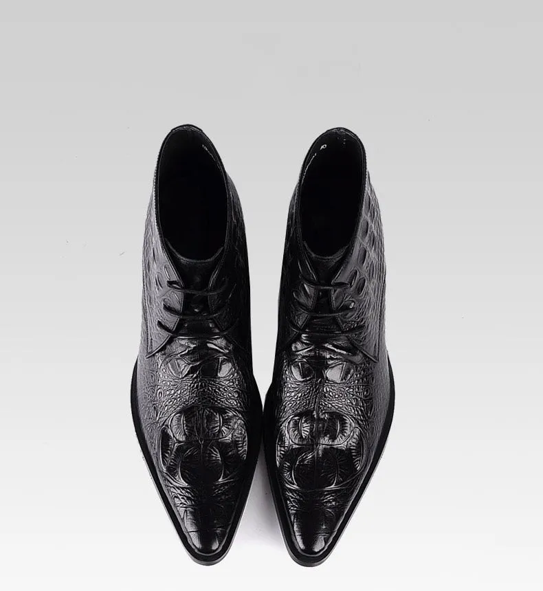 Quality Men's Lace Up Dress Boots Fashion High Top Alligator Skin Boots Leather Cow Genuine Martin Ankle Booties