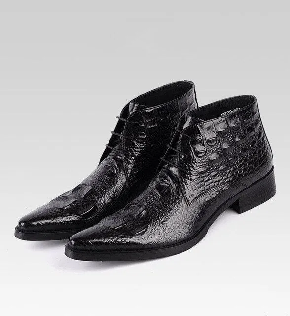 Quality Men's Lace Up Dress Boots Fashion High Top Alligator Skin Boots Leather Cow Genuine Martin Ankle Booties