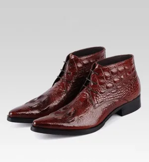 Quality Men's Lace Up Dress Boots Fashion High Top Alligator Skin Boots Leather Cow Genuine Martin Ankle Booties