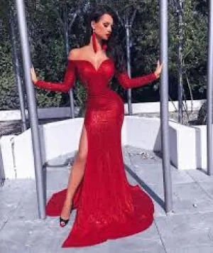 Red Off The Shoulder Prom Dresses  Long Sleeves High Slit Evening Dresses Prom Online