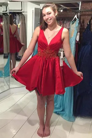 Red Satin V Neck Beaded A-line Sheer Homecoming Dresses, Short Prom Dress MH294
