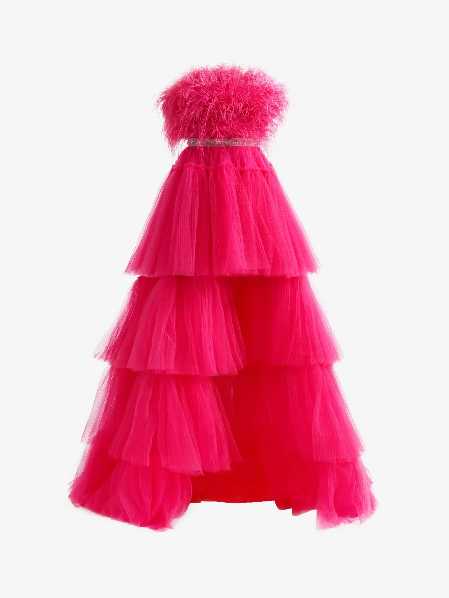 Roycebridal Marie| Fuchsia A-line High-Low Strapless Ruffled Tulle Prom Dress with Feathers