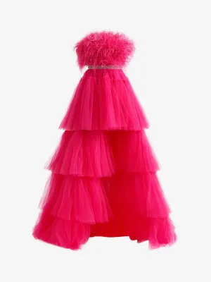 Roycebridal Marie| Fuchsia A-line High-Low Strapless Ruffled Tulle Prom Dress with Feathers