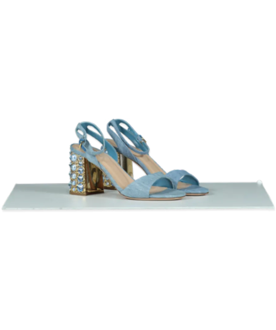 Sebastian Blue Chambray Pearl/crystal Embellished Block Heel Sandals UK 4 EU 37 👠