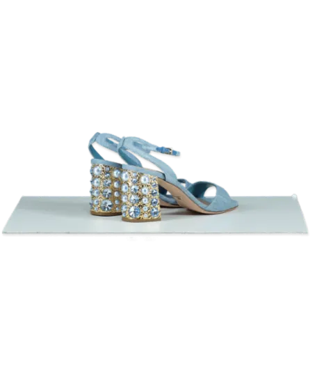 Sebastian Blue Chambray Pearl/crystal Embellished Block Heel Sandals UK 4 EU 37 👠