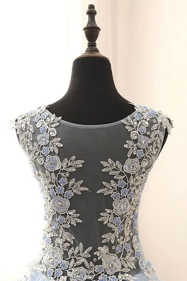 See Through A-line Tulle Blue Lace Appliqued Long Prom Gowns, M142