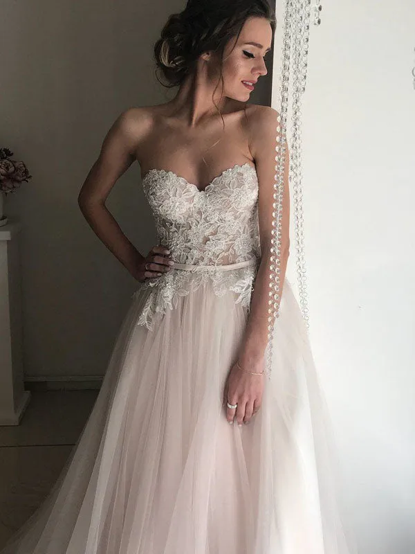Sexy Blush Pink Sweetheart Strapless Lace Top A-line Long Wedding Dress, WD3054