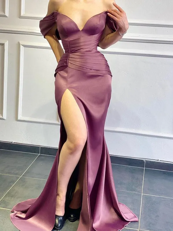 Sexy Off-shoulder Mermaid Side Slit Long Prom Dresses Online,SFPD0118