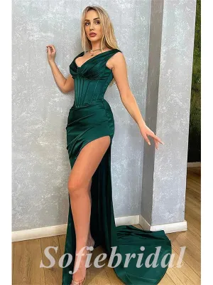 Sexy Satin Spaghetti Straps V-Neeck Sleeveless Side Slit Mermaid Long Prom Dresses,PD0803