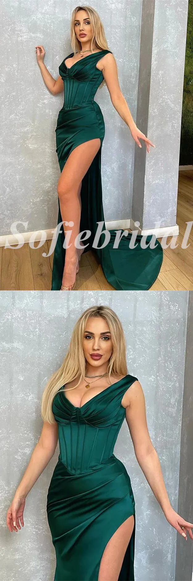 Sexy Satin Spaghetti Straps V-Neeck Sleeveless Side Slit Mermaid Long Prom Dresses,PD0803