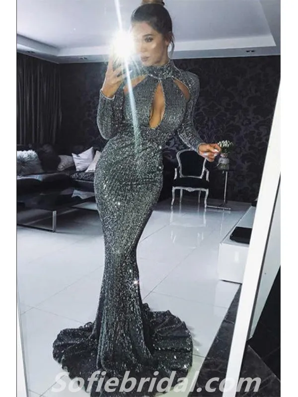 Sexy Sequin Long Sleeve High Neck Mermaid Long Prom Dresses,SFPD0292