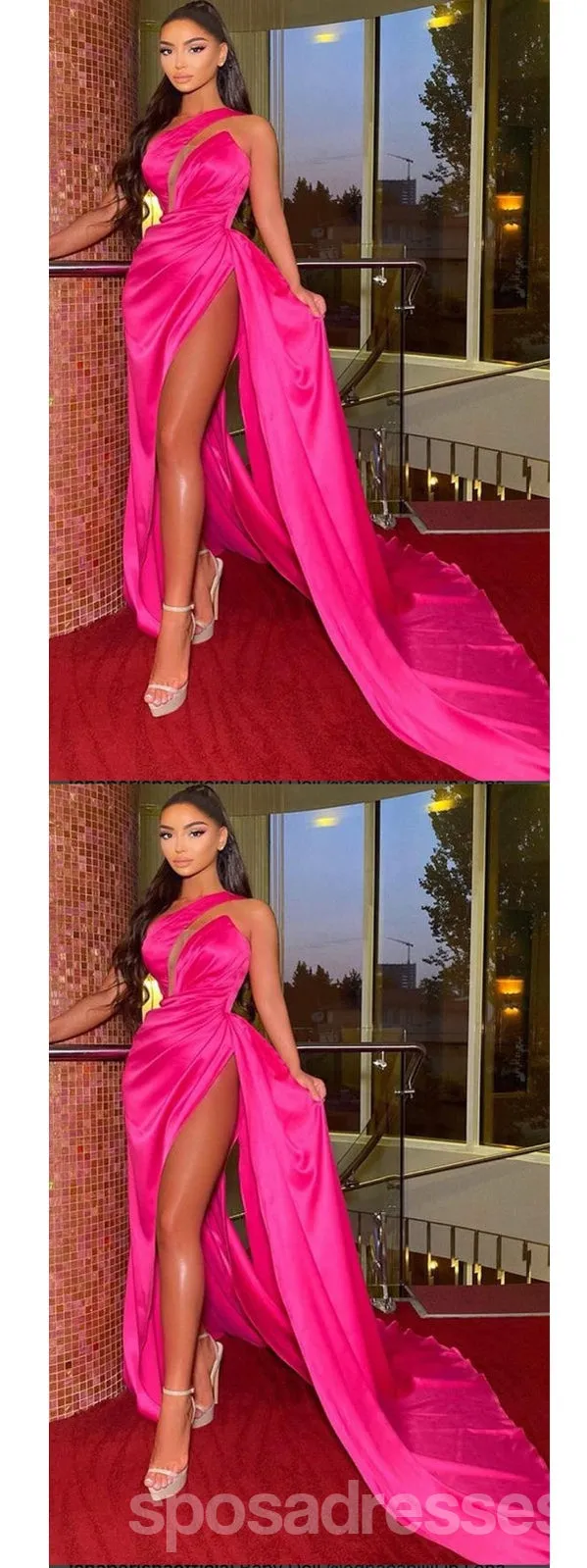 Sexy Sheath One Shoulder High Slit Cheap Long Prom Dresses,13017