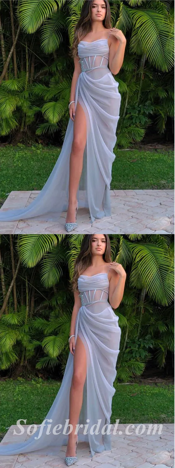 Sexy Special Fabric Spaghetti Straps Sleeveless Side Slit Mermaid Long Prom Dresses,SFPD0393